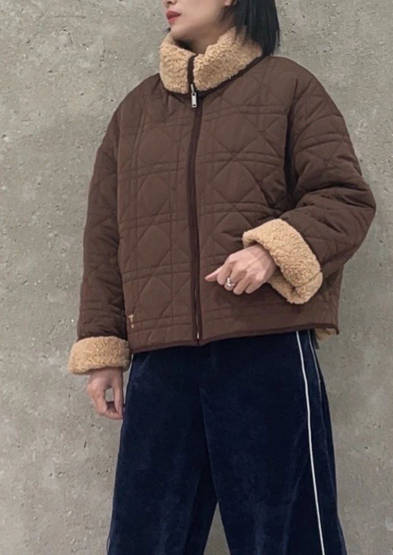 【直播】秋冬新款双面可穿格纹加厚保暖长袖翻领百搭纯色外套95075