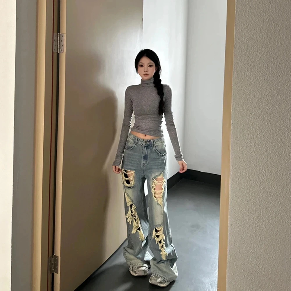 【免费试穿】美式街头破洞牛仔裤女秋冬新款高腰宽松阔腿显瘦拖地裤