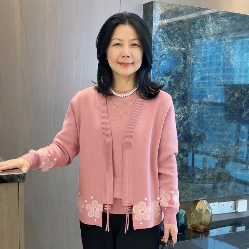 妈妈春装针织两件套中国风中老年女装时尚开衫外套洋气上衣9976