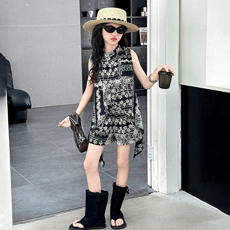 女童夏季套装2025新款女大童薄款五分裤夏装不规则背心短裤两件套