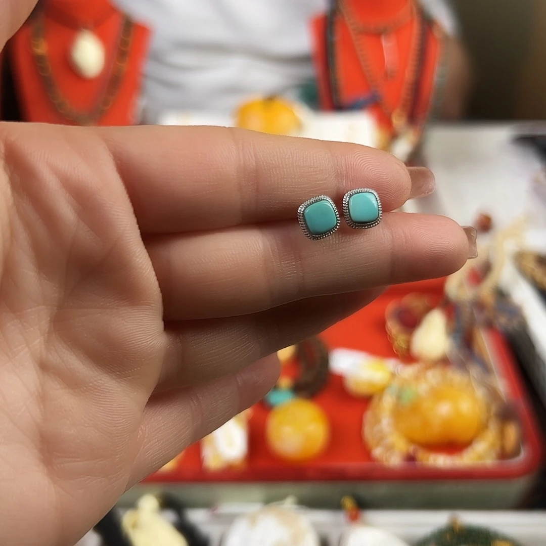 绿松石耳钉银S925镶嵌