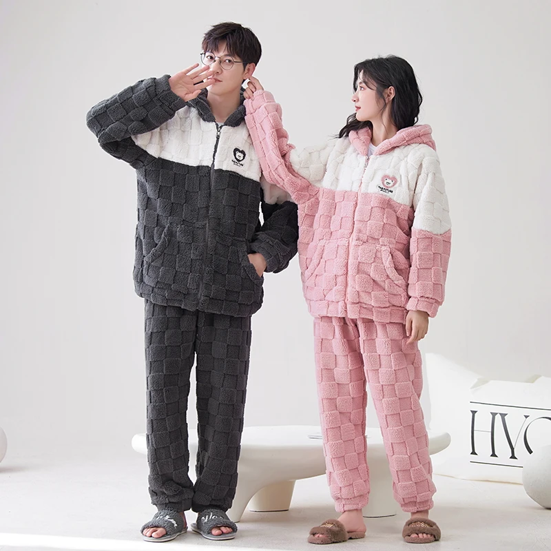 情侣冬季宽松加厚加绒休闲家居服睡衣套装150