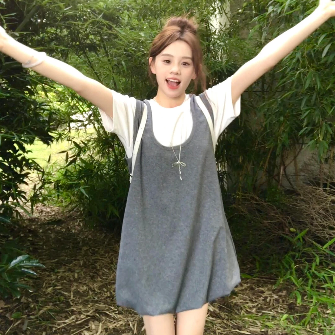 韩系小个子灰色假两件短袖连衣裙子女夏季巨好看减龄爆款花苞短裙