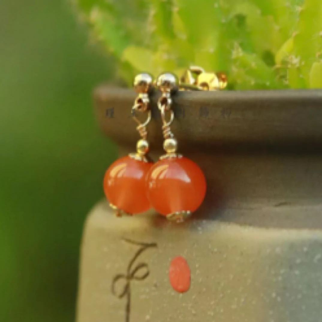 【红颜】瑾玉南红设计款耳饰系列 南红圆珠耳饰约7mm F1750/F1751