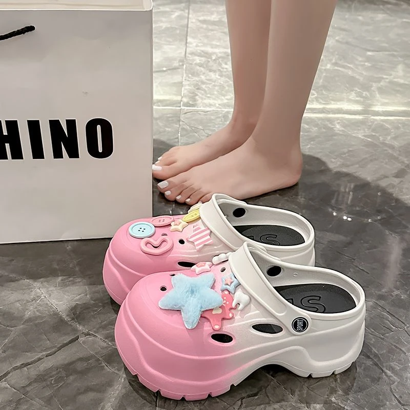 高跟洞洞鞋女士夏季外穿松糕厚底卡通可爱两穿包头防滑凉拖鞋新款