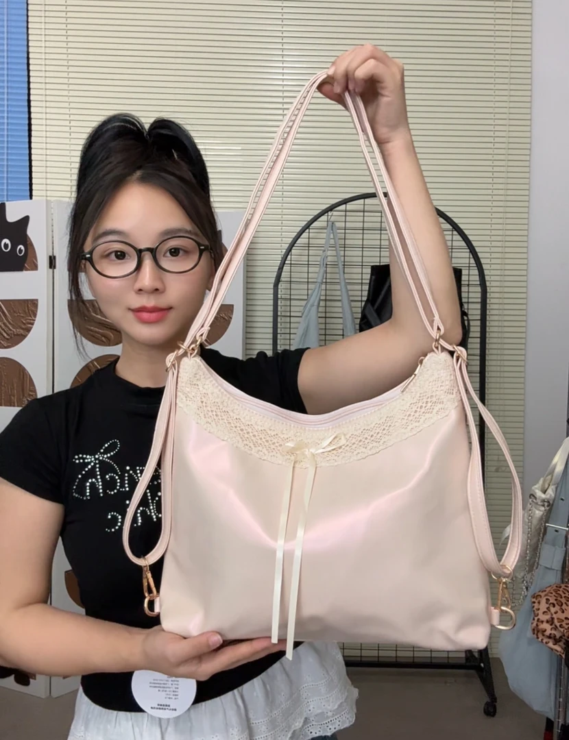 178简约蝴蝶结蕾丝粉色系少女单肩斜挎双肩包