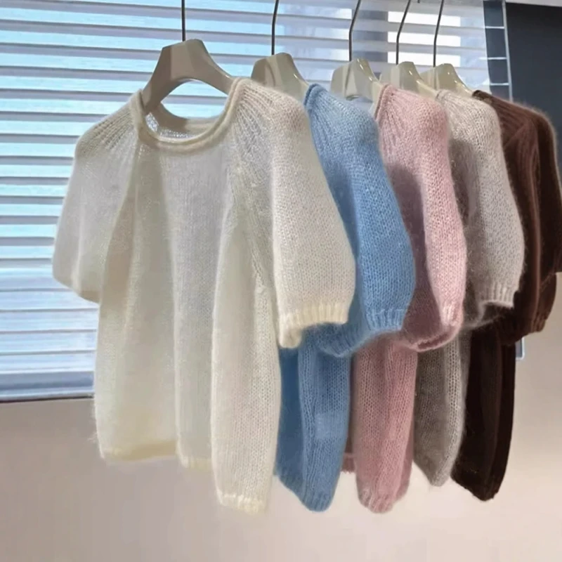 白色高级感马海毛镂空短袖毛衣女早春慵懒风泡泡袖针织衫薄款上衣