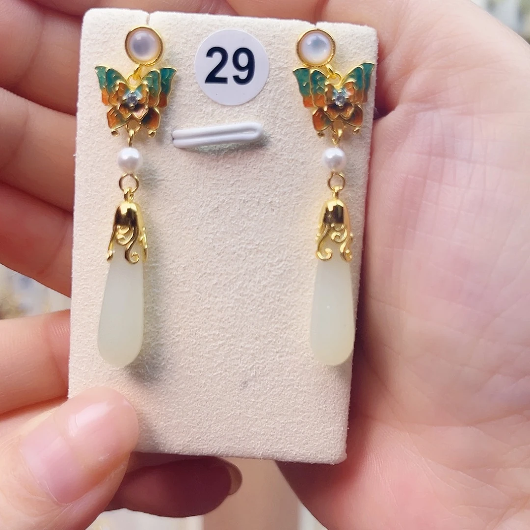 和田玉银S925镀金镶嵌耳饰