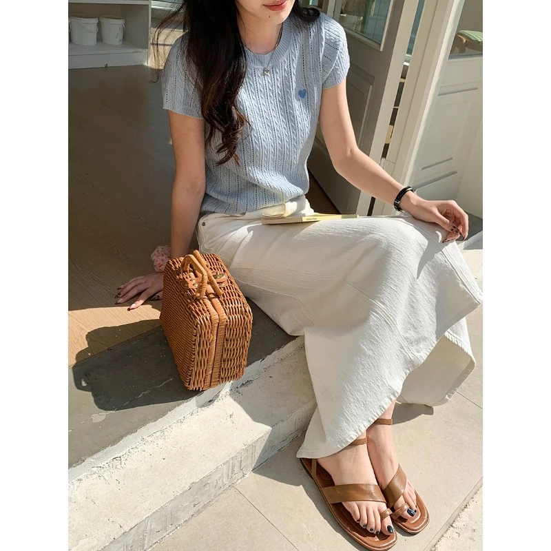 3th Morning 爱心刺绣设计感镂空麻花圆领短袖针织衫