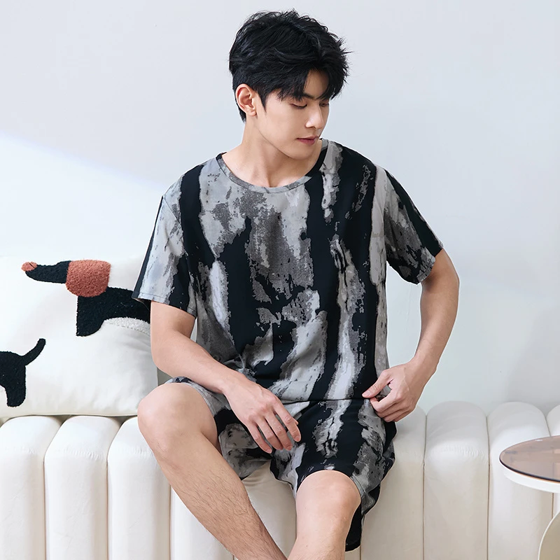 棉绸男短袖睡衣夏天套装春夏大码宽松薄款可外穿家居服两件套