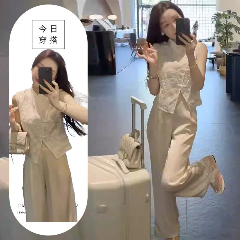 夏装搭配一整套女2025新款新中式盘扣蕾丝马甲上衣阔腿裤两件套装