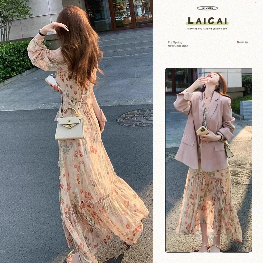 法式浪漫碎花连衣裙女2025春天高级感粉色西装外套百搭雪纺裙套装