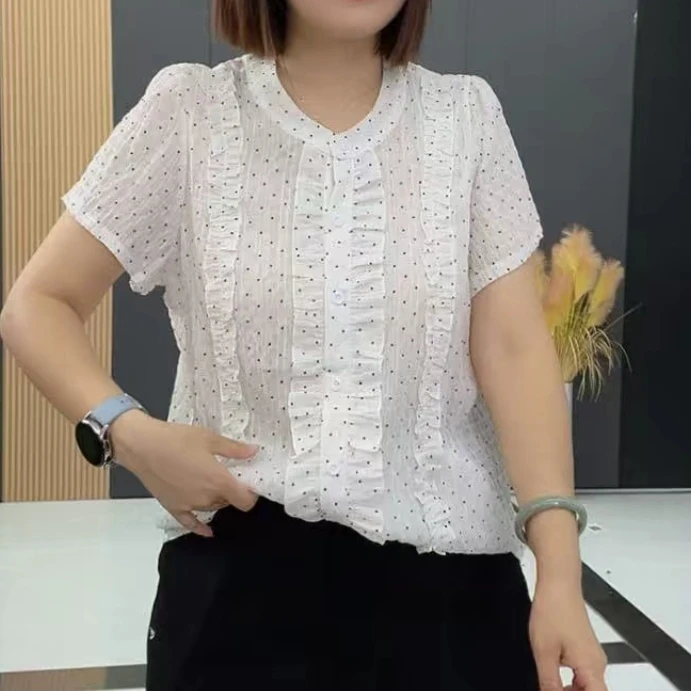 梦梦家9554款宽松遮肉显瘦清凉透时尚百搭气圆领木耳边半袖衫