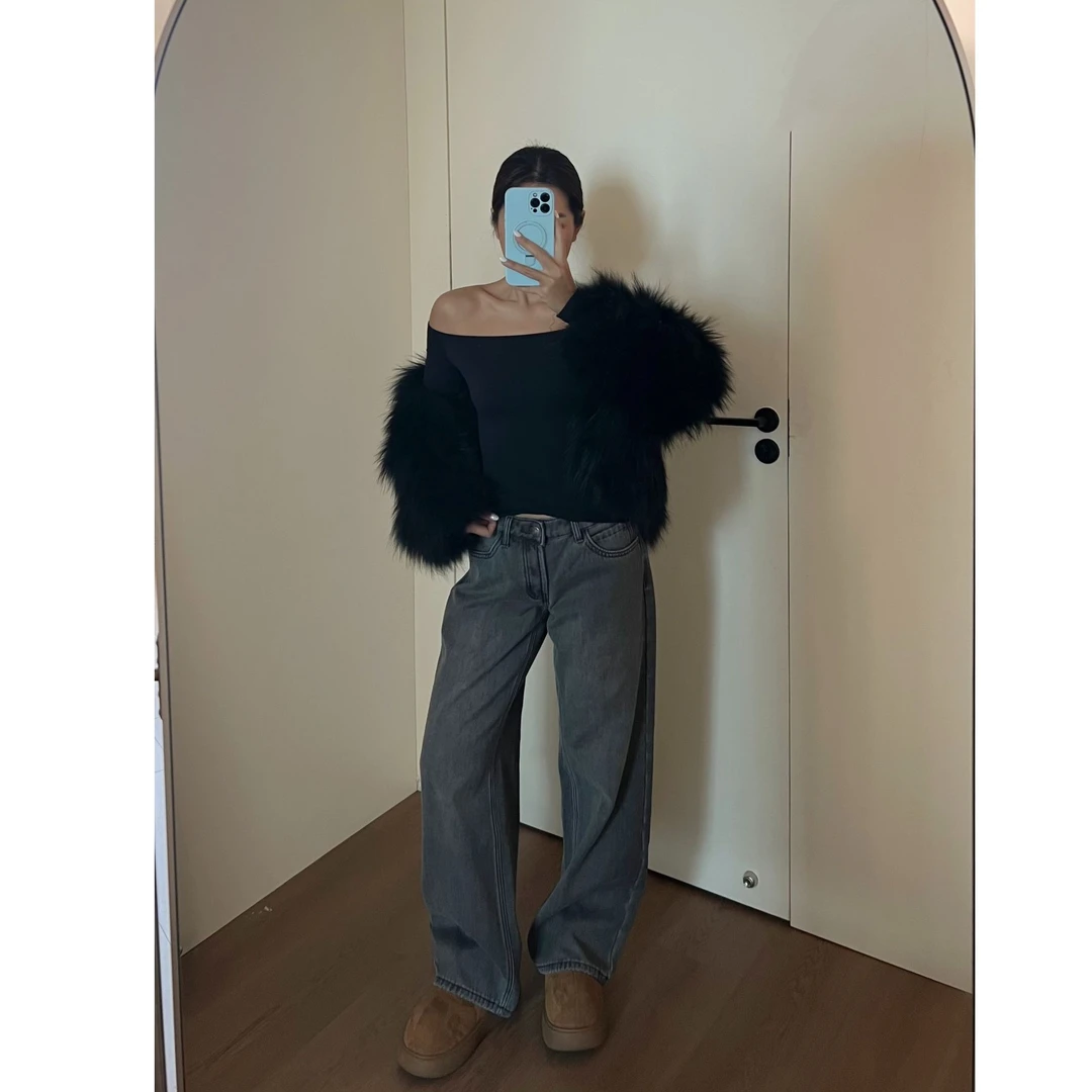 小野熊 复古蓝高腰阔腿牛仔裤女加绒宽松直筒拖地裤 Z24K4317