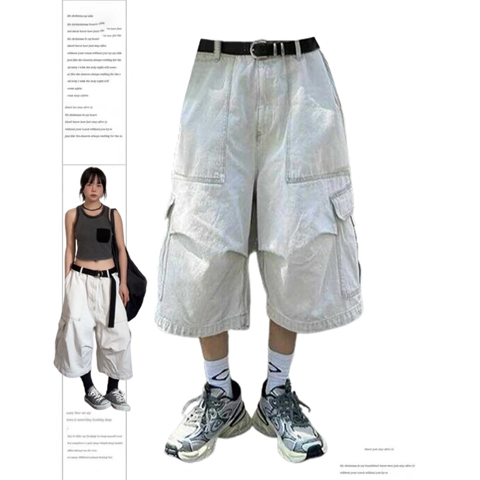 美式高街白色工装牛仔裤女夏季新款休闲宽松七分裤直筒牛仔阔腿裤