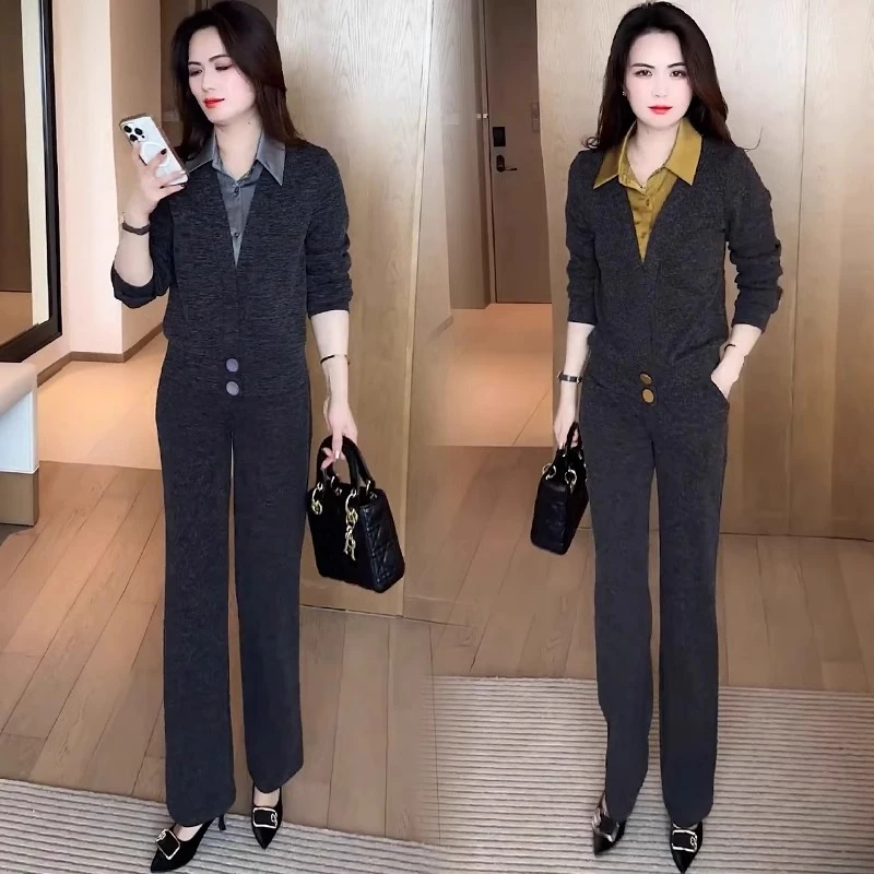 洋气假两件衬衫阔腿裤时尚套装女2025春季新款韩版宽松气质两件套