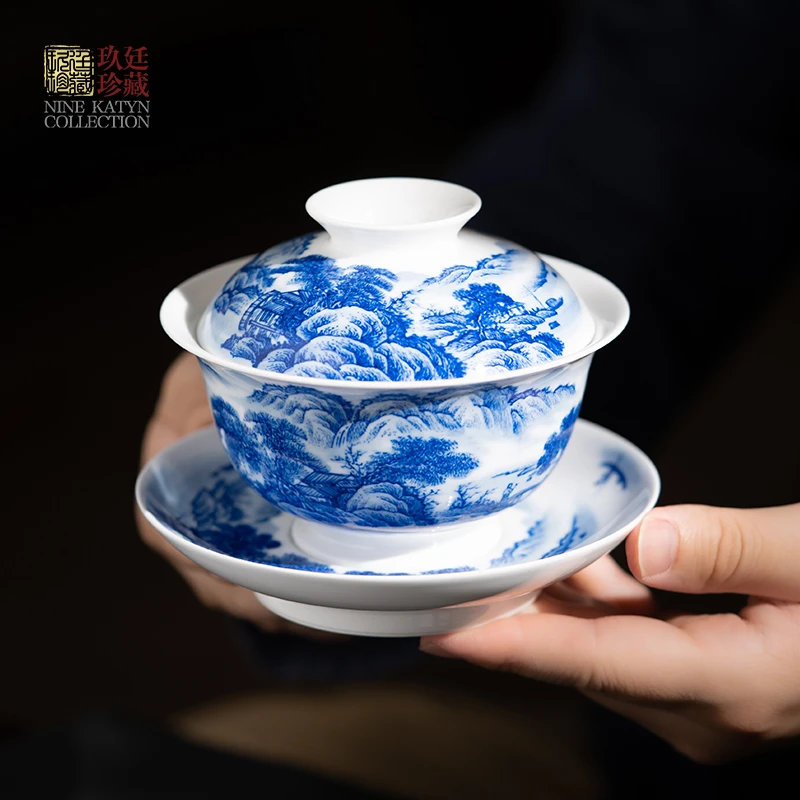 玖廷特大号景德镇纯手工青花瓷山水盖碗大容量男士泡茶碗功夫茶具