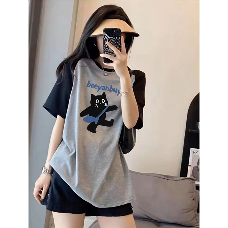 小众设计感2025新款插肩袖短袖t恤女装宽松中长款休闲遮屁股上衣