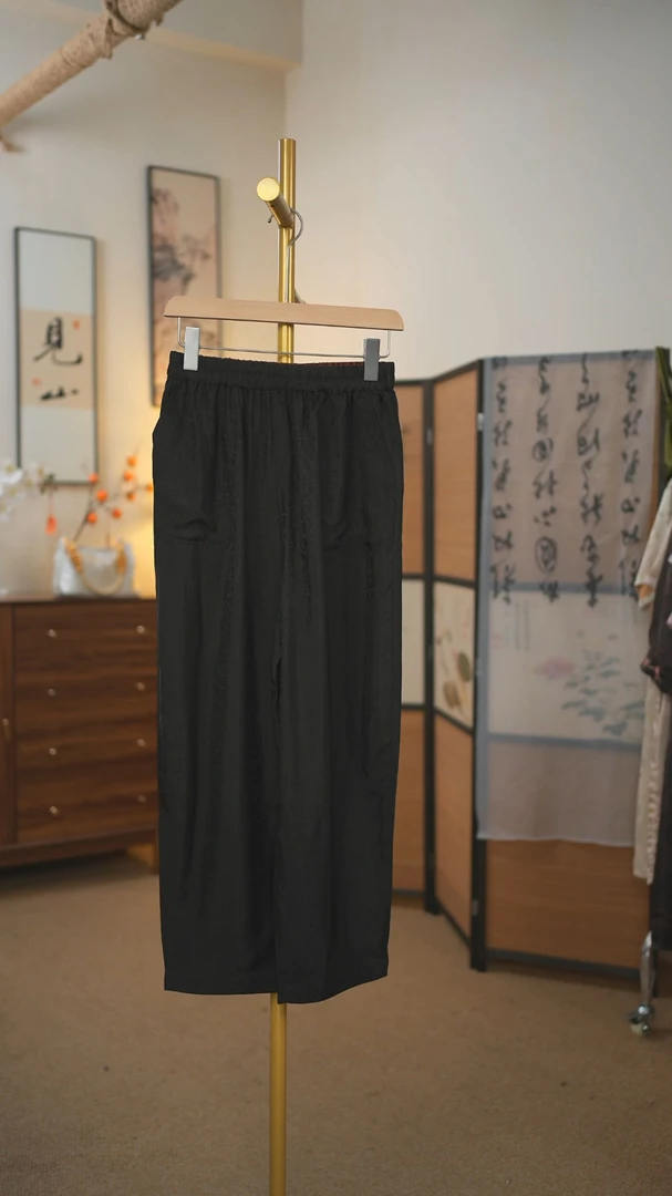 [龟裂文小角]休闲裤微弹力立体裁剪梭织女士松紧长裤抽绳夏季简约