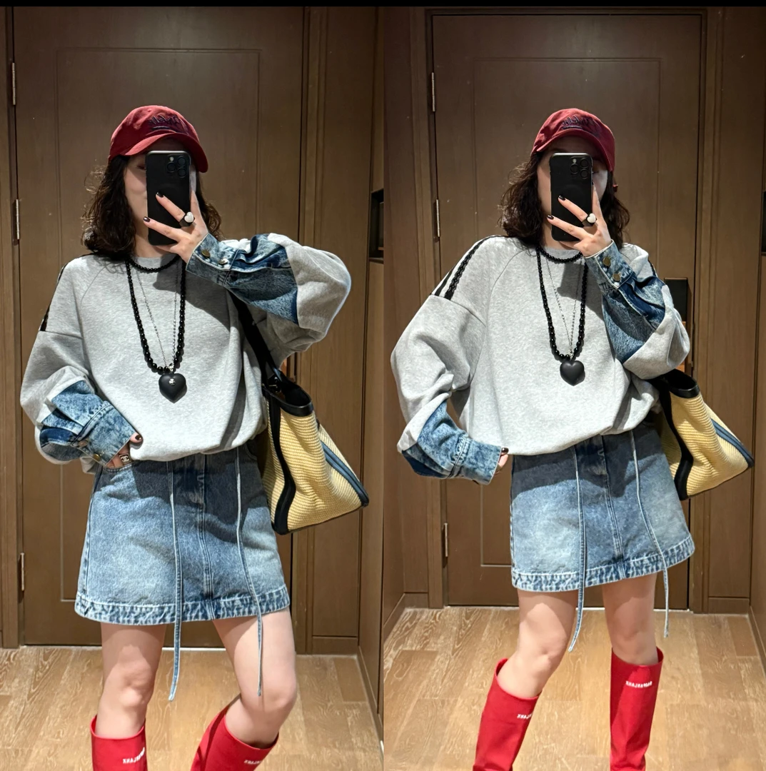 YDFSTUDIO小众【休闲空间】欧货高品设计师牛仔拼接卫衣+半身裙套装
