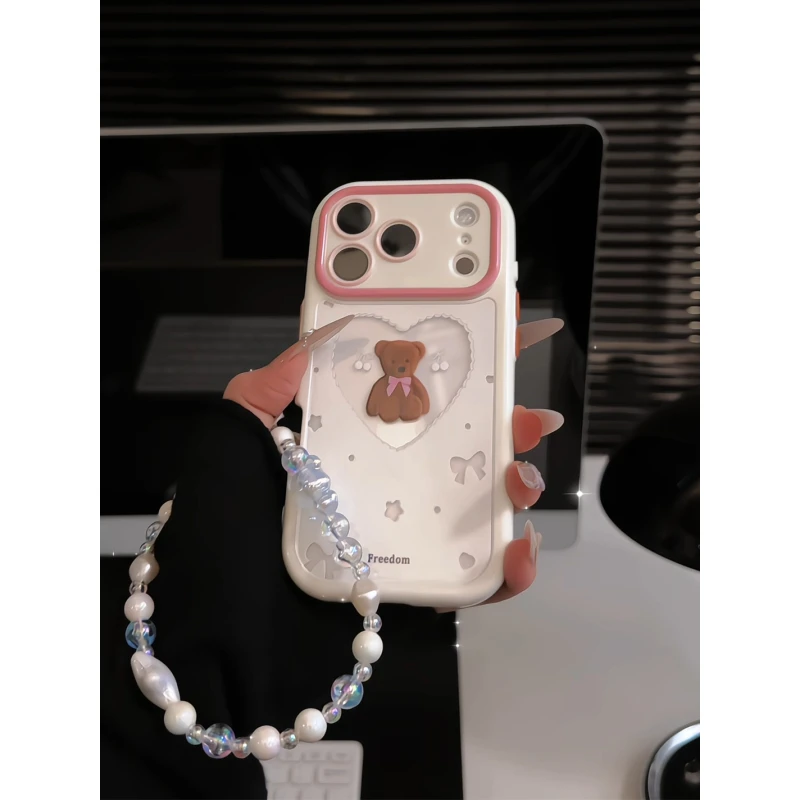 镂空爱心小熊适用苹果17pro手机壳16pm奶油华为p荣耀oppo小米vivo