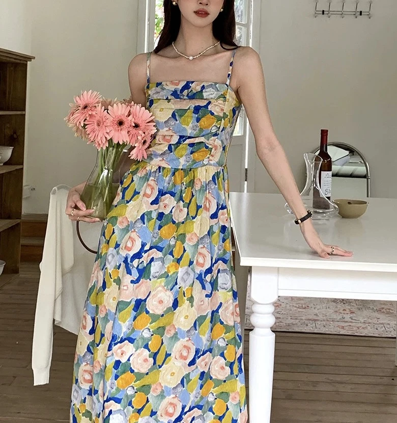 260  莫奈风油画裙显瘦吊带连衣裙（J16）