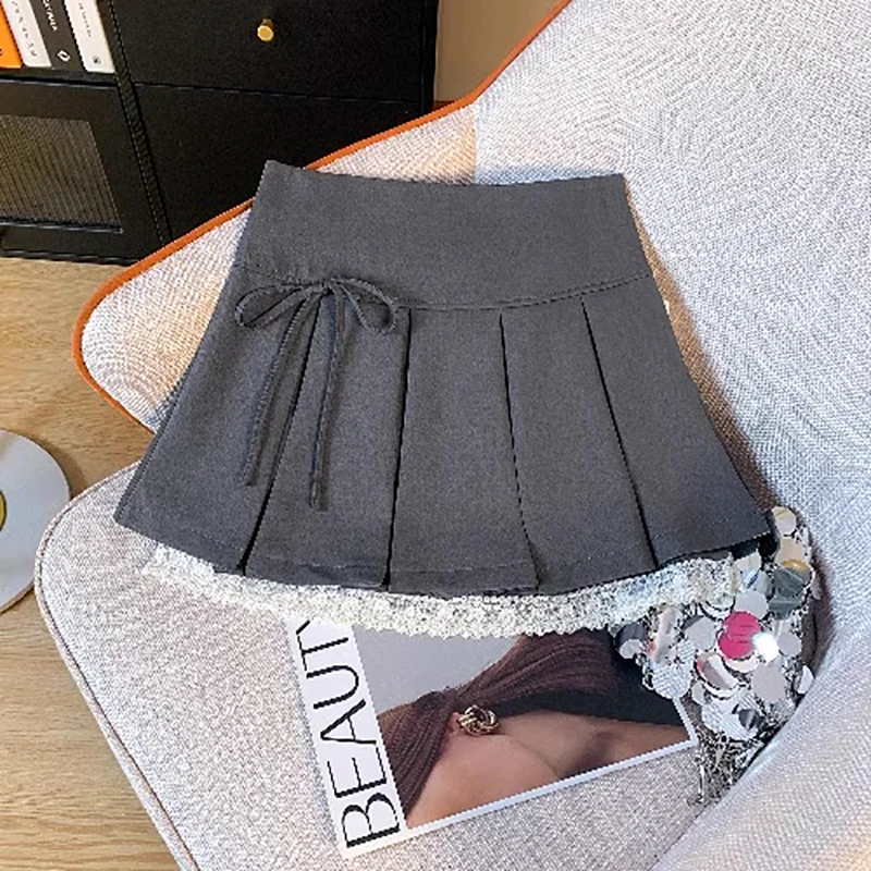 拉夏贝尔学院风百褶蝴蝶结短裙2025年新款高腰小个子蕾丝边半身裙