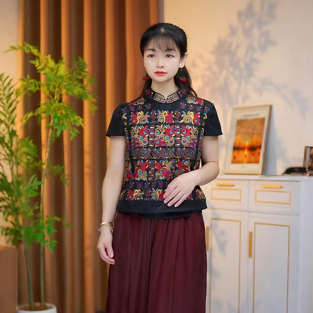 非遗苗绣【星河绣】传统民族风重绣修身桑蚕丝短款套头短袖上衣女