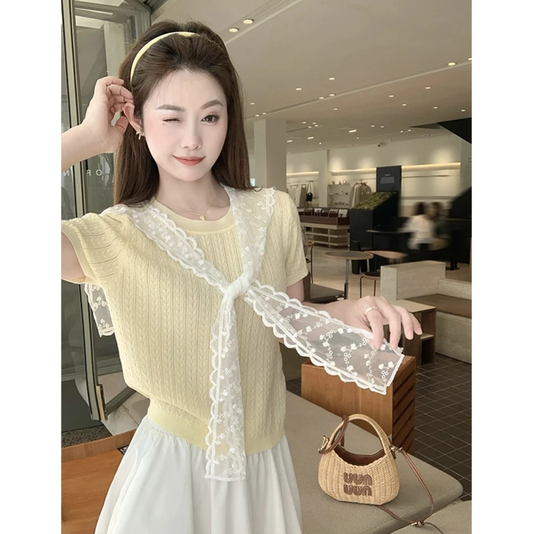 甜美蕾丝披肩针织短袖T恤女夏季薄款设计感小众洋气减龄正肩上衣