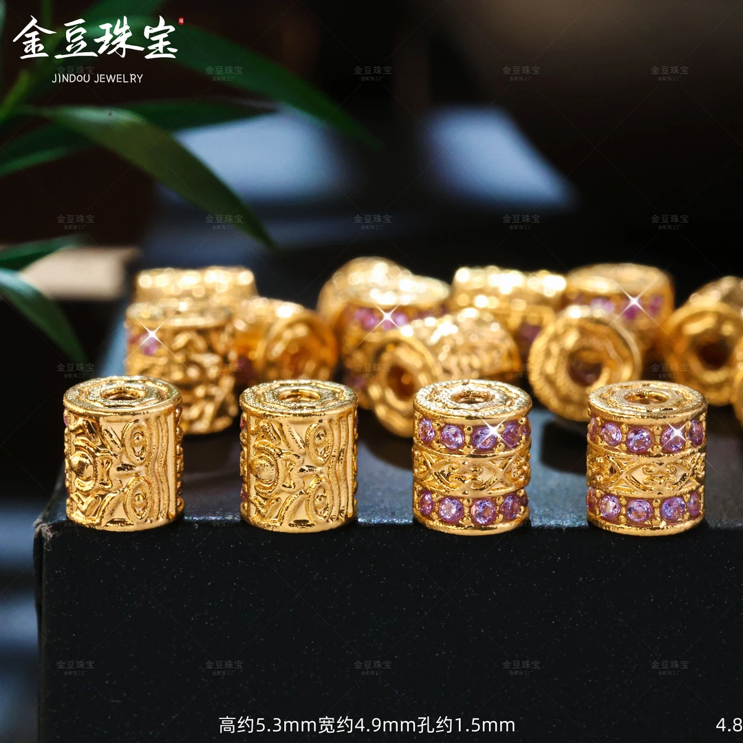 【金豆工厂】18K金薰衣草紫扎基桶珠约5.5mm金管隔珠（厚5D金）F