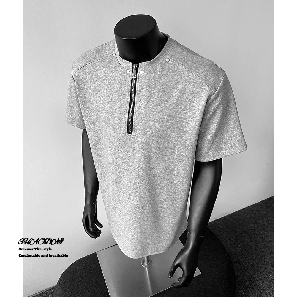 高级感半拉链短袖t恤男夏季新款cleanfit半袖美式高街设计感T恤男