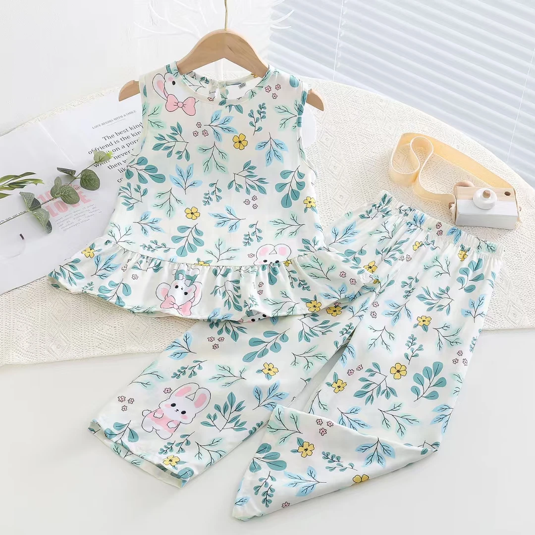 女童夏季新款小碎花棉绸无袖七分裤套装