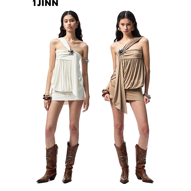 【25夏新VOL.3】单肩纽结醋酸花苞抹胸连衣裙