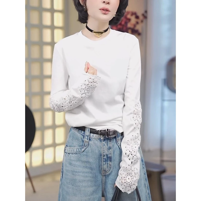 白色长袖T恤女2025春秋新款时尚洋气显瘦设计感镂空钩花刺绣上衣