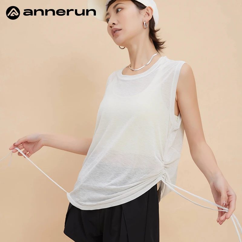 annerun女生运动无袖背心外穿遮肚子速干瑜伽服宽松罩衫健身上衣