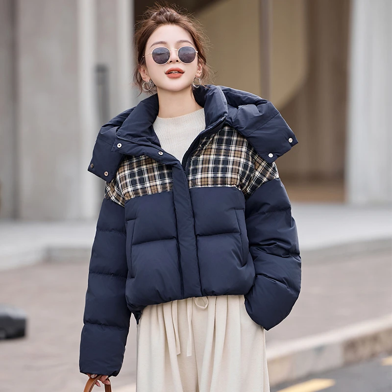 羽绒服女加厚保暖短连帽百搭拼色时尚休闲韩版宽松冬季新款拼接