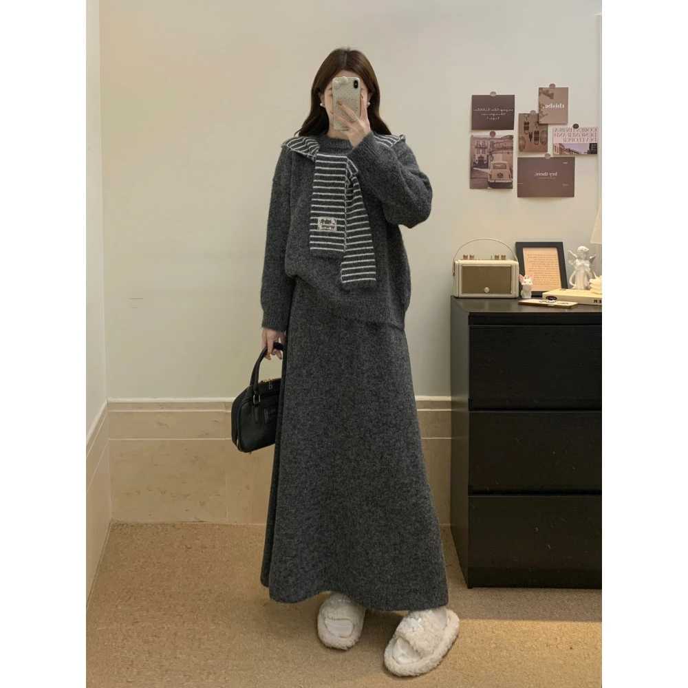 大码胖mm韩系秋冬宽松慵懒条纹连帽披肩配针织毛衣+半身裙三件套