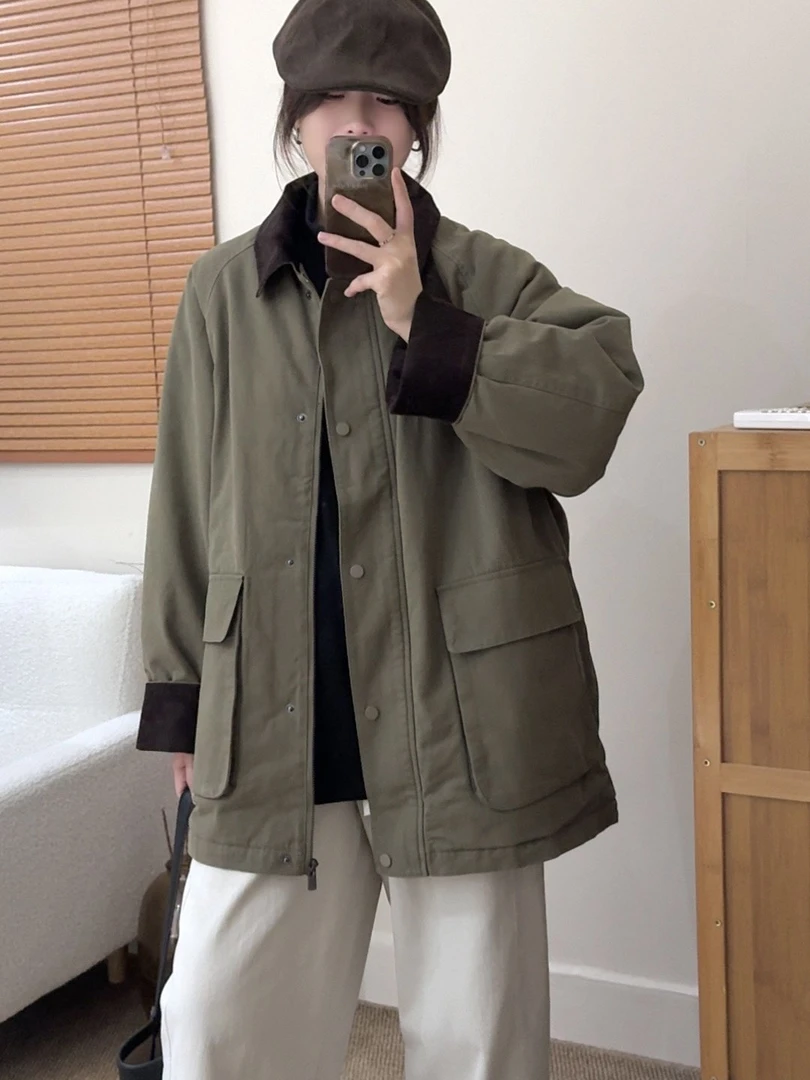 韩版工装棉服加厚外套女2025年新款冬季撞色休闲女装宽松保暖棉衣