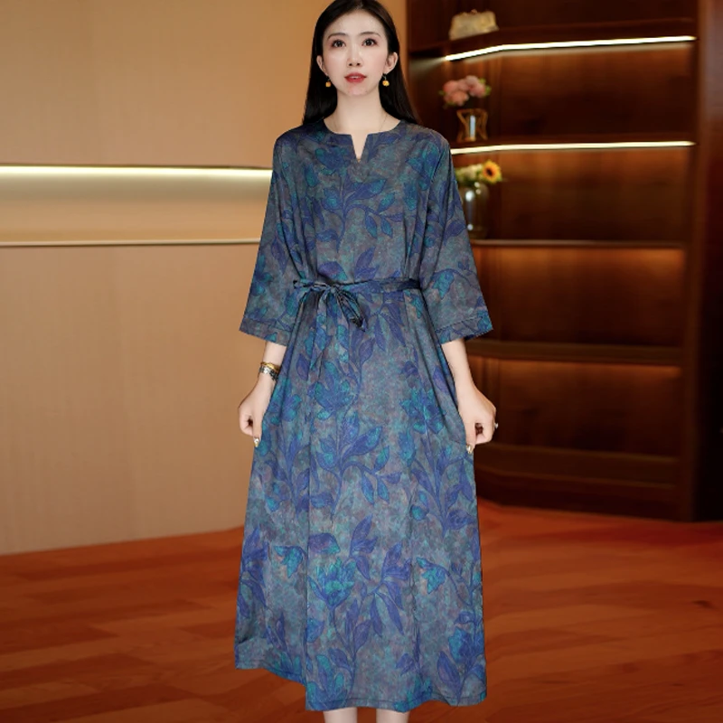 蓝韵叶华 时尚中长款夏季连衣裙百搭连衣裙