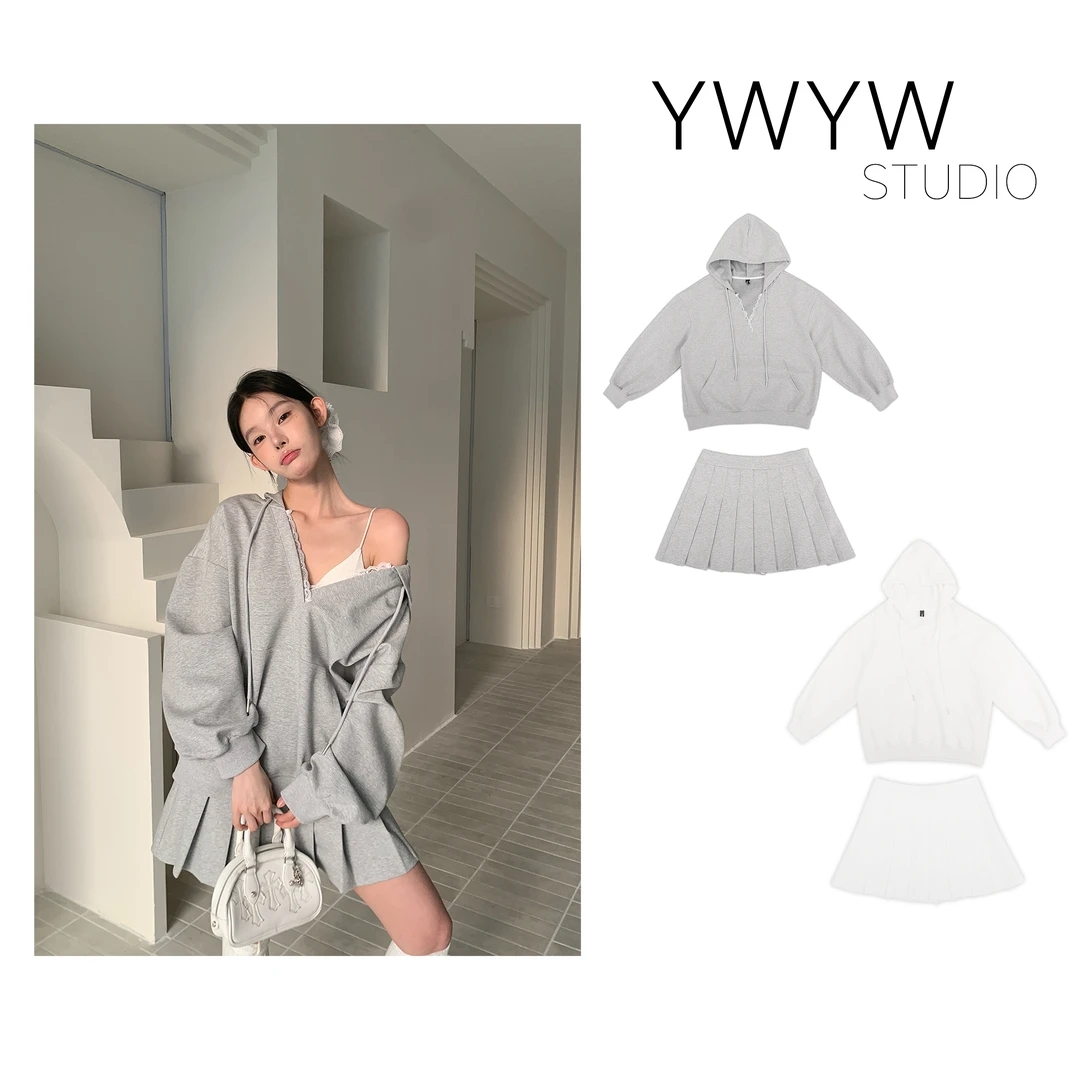 【YWYW25S/S】早春慵懒抽绳连帽卫衣+高腰显瘦百褶短裙3751