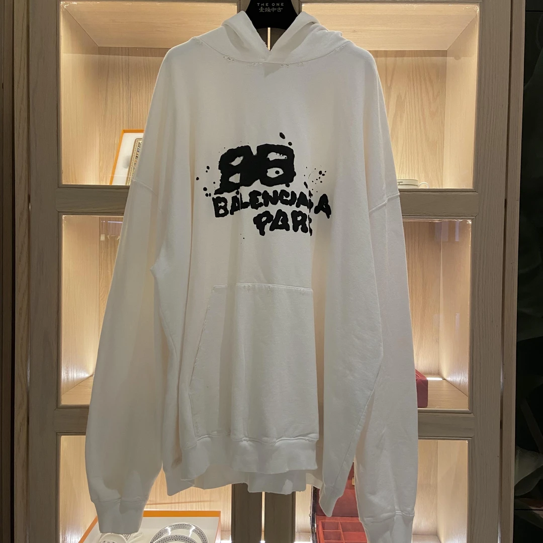 99新 Balenciaga/巴黎世家 壹臻/白色涂鸦破洞连帽卫衣/38172925