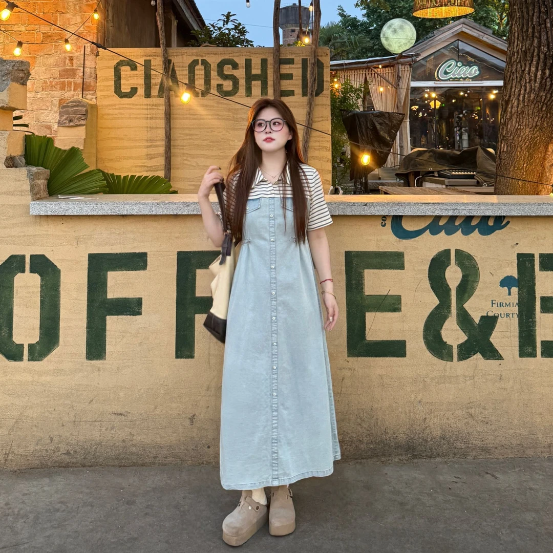 盈盈&南岛风大码女装拼接牛仔连衣裙夏季胖mm宽松显瘦长裙ZYY1735