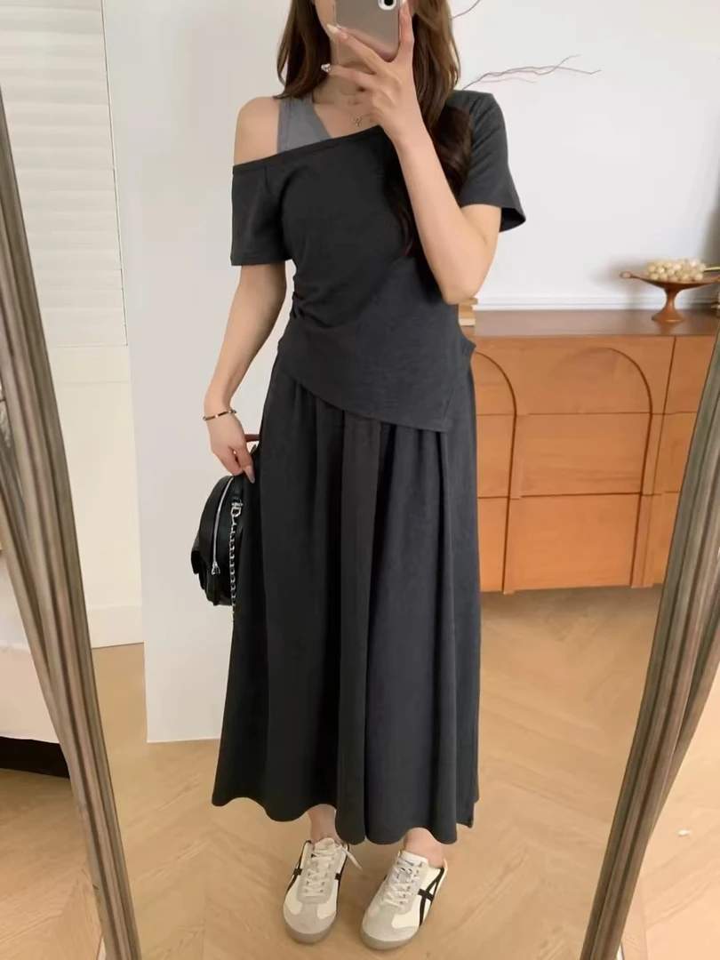 410韩版时尚休闲套装女春夏新款短袖罩衫+拼接背心裙两件套