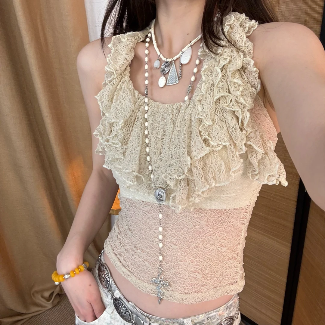 KUKUDEMI「云丝」新款小众蕾丝弹力多种穿法上衣挂脖吊带女