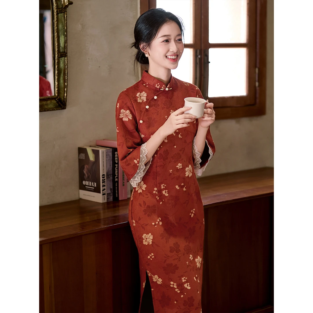 橘红色国风倒大袖新中式长款改良中袖旗袍秋季2025年新款年轻款女