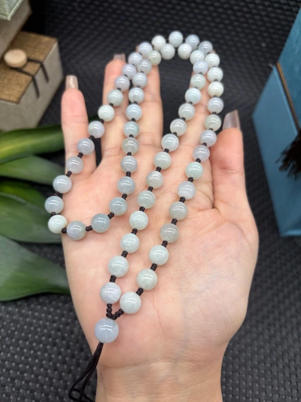 福利天然缅甸A货翡翠细糯白月光圆珠7mm玉石挂坠绳毛衣链项链百搭