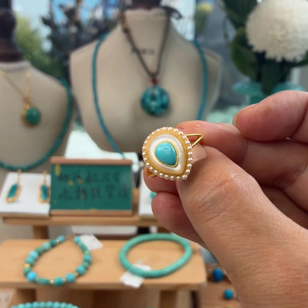 绿松石银S925镀金镶嵌戒指