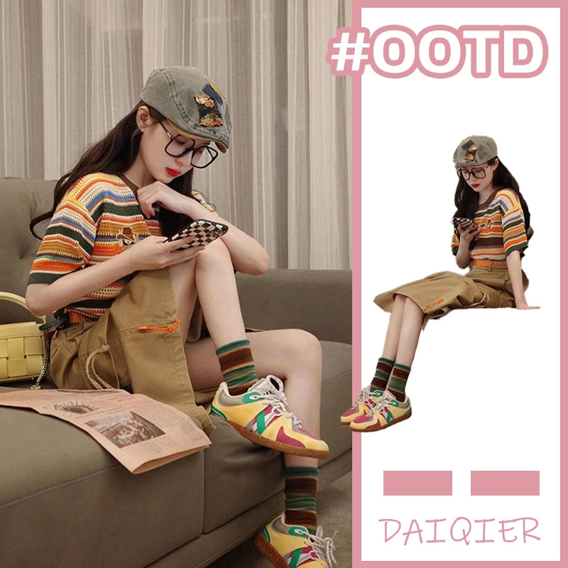 夏季新款轻熟条纹彩虹色短袖针织衫+中长款高腰A字半身裙显瘦套装