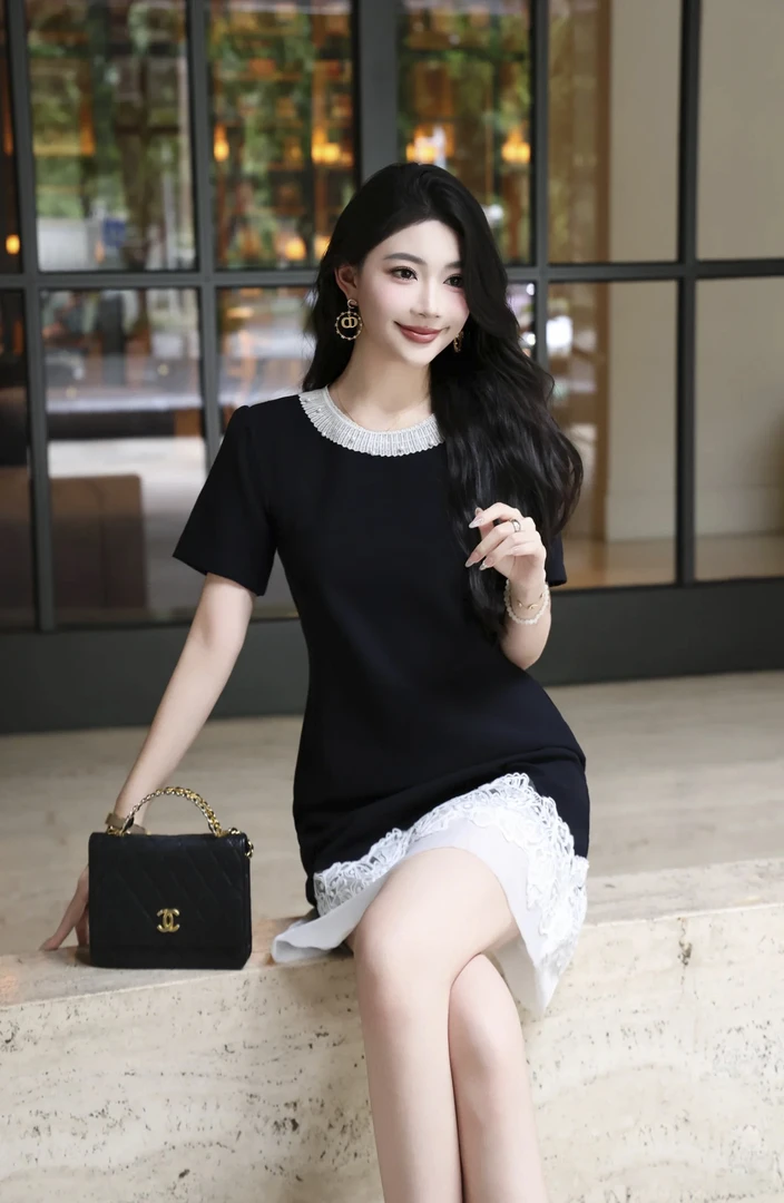 深圳南油女装新中式国风黑色真丝丝绒连衣裙---特