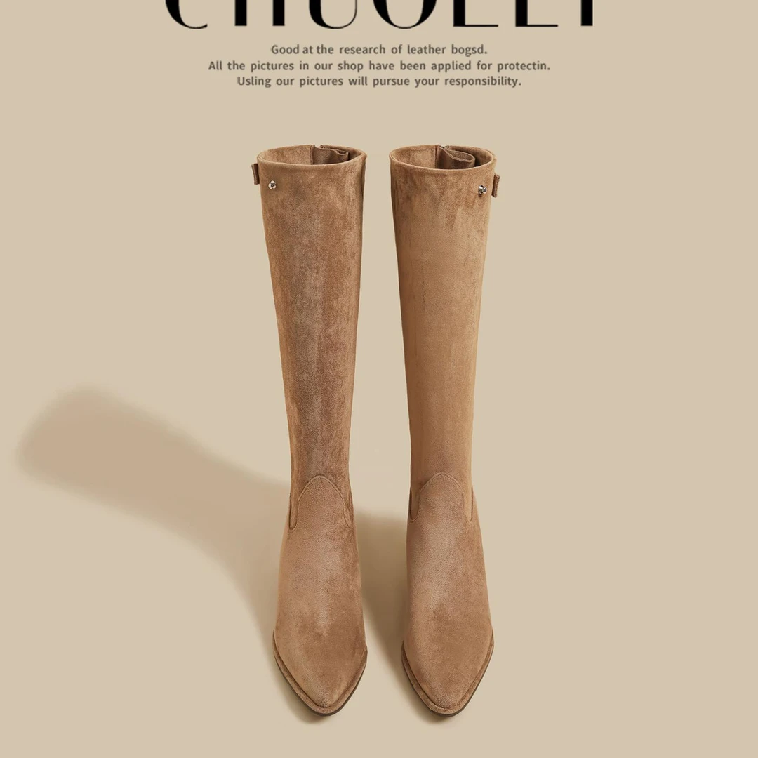 2025秋冬季新款粗高跟长筒靴女复古尖头过膝靴废土风百搭骑士长靴